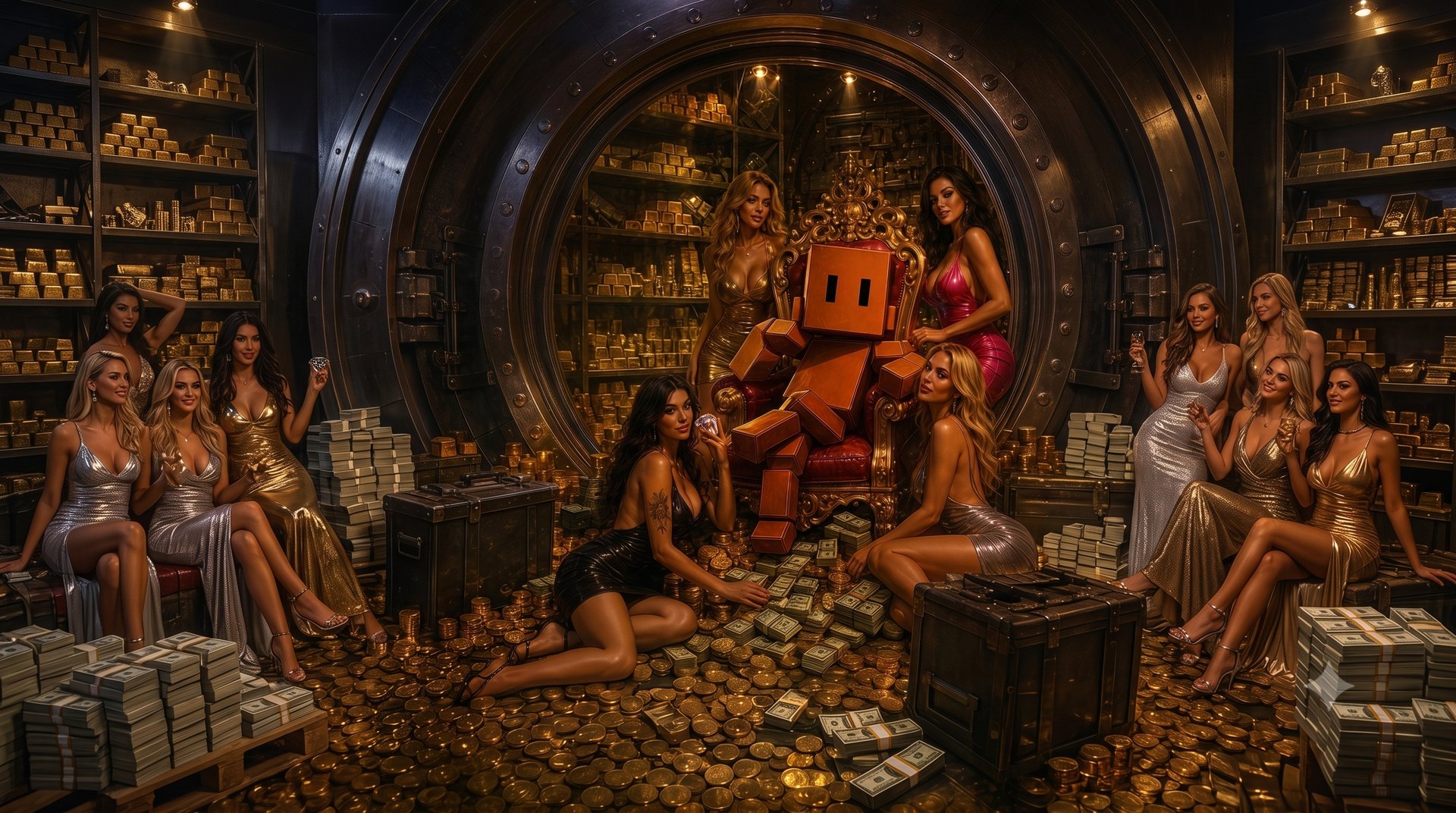The Hustle System vault, gold and cash stacked to the ceiling